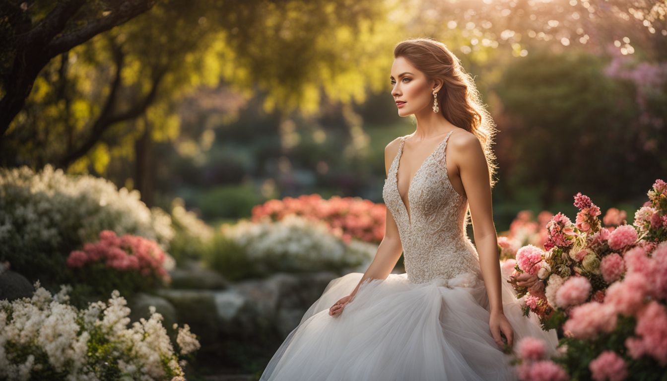 A woman in various elegant evening gowns posing in a luxurious garden surrounded by blooming flowers.