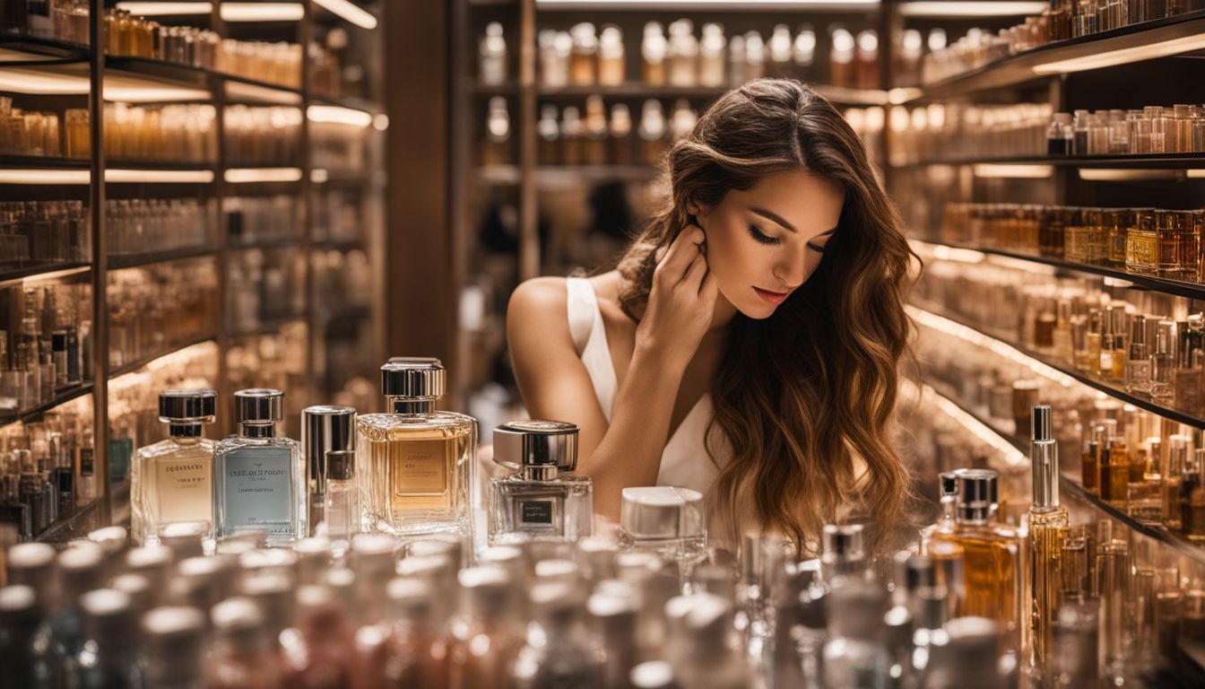 A woman testing and admiring various perfume sampler sets in a well-lit and bustling atmosphere.