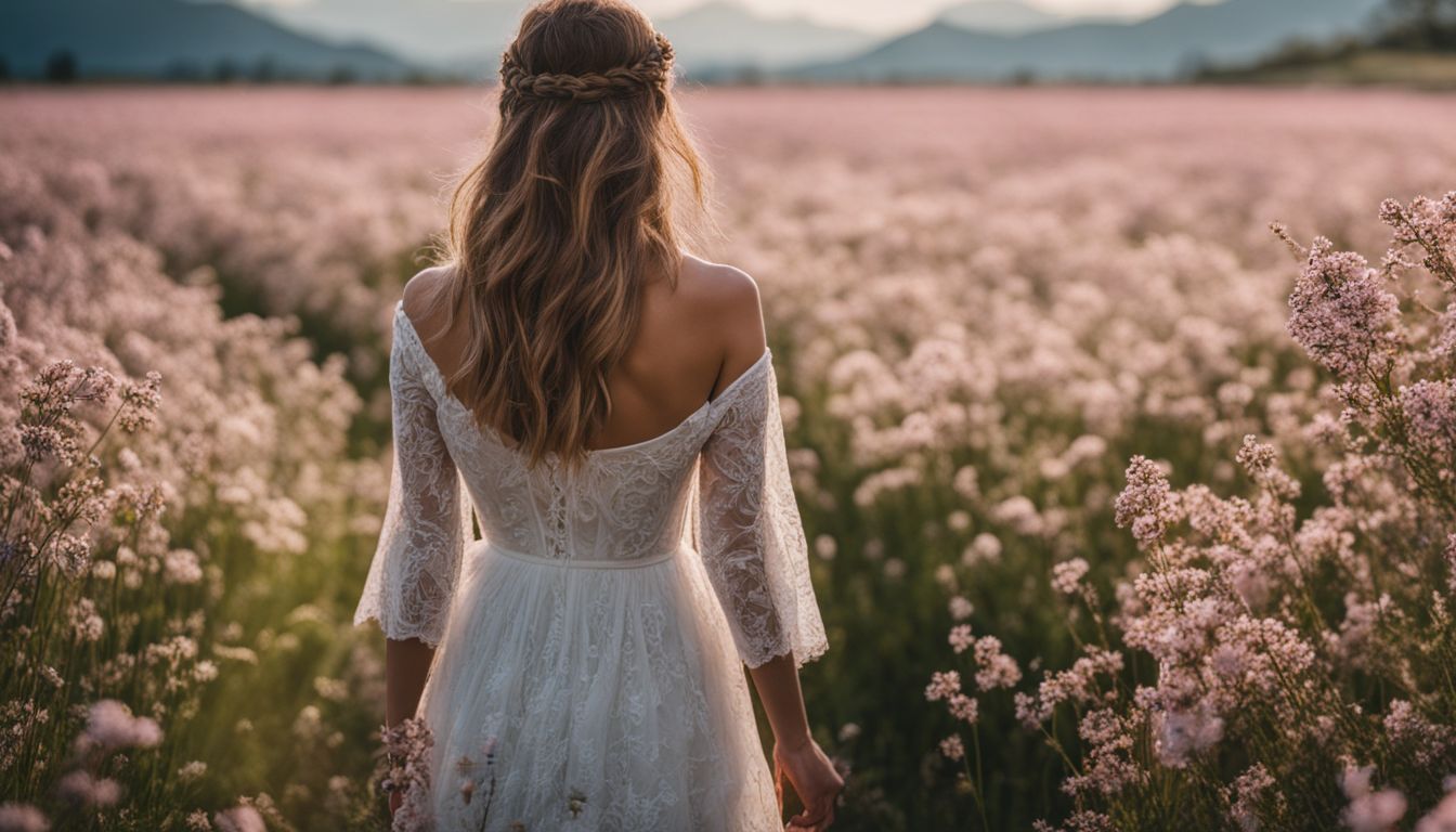 A woman strolls through a vibrant field of blooming flowers, enjoying the beautiful natural surroundings.