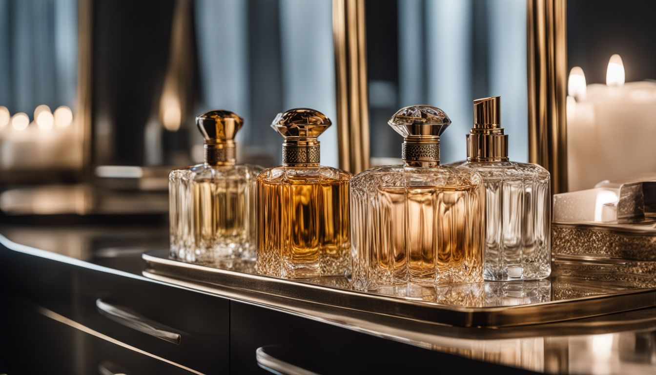 A display of Luxe perfume sampler sets on a vanity with diverse model faces and styles.