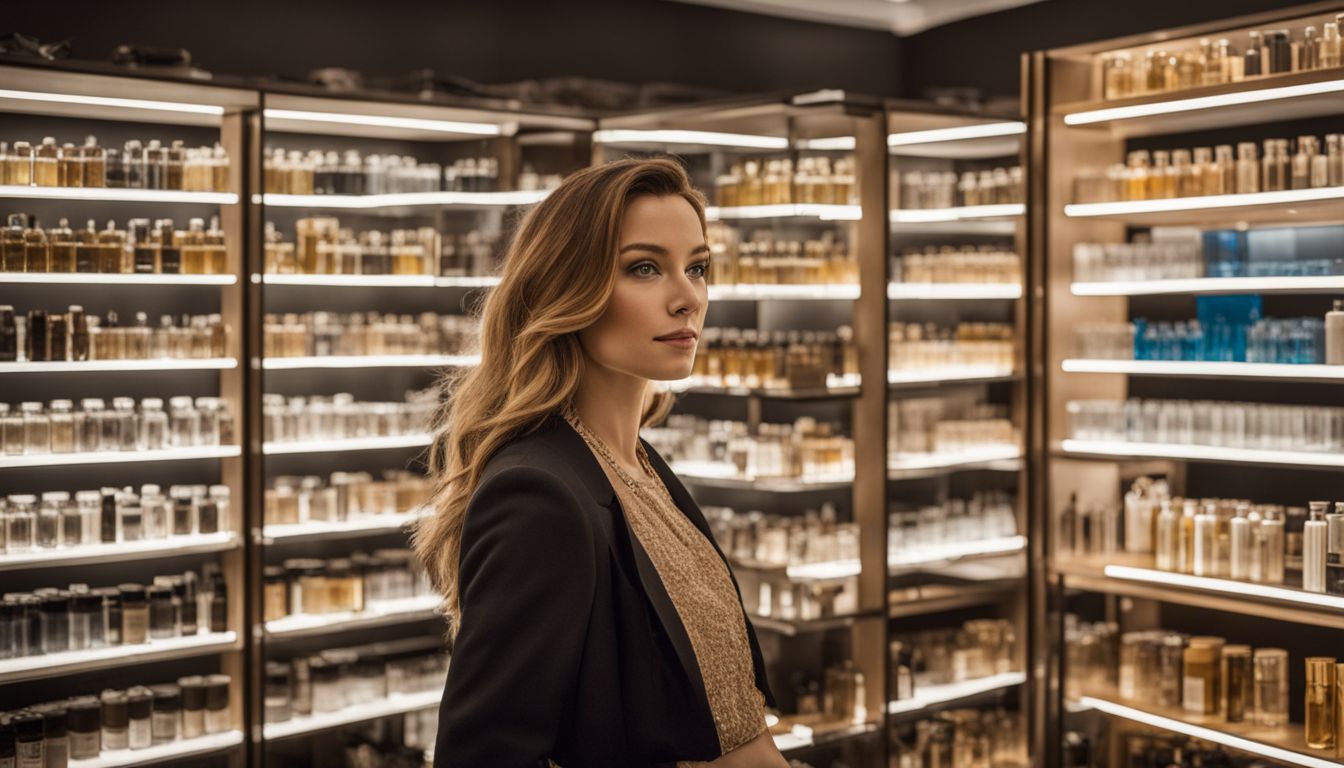 A woman browsing a variety of niche fragrances in a sleek boutique setting.