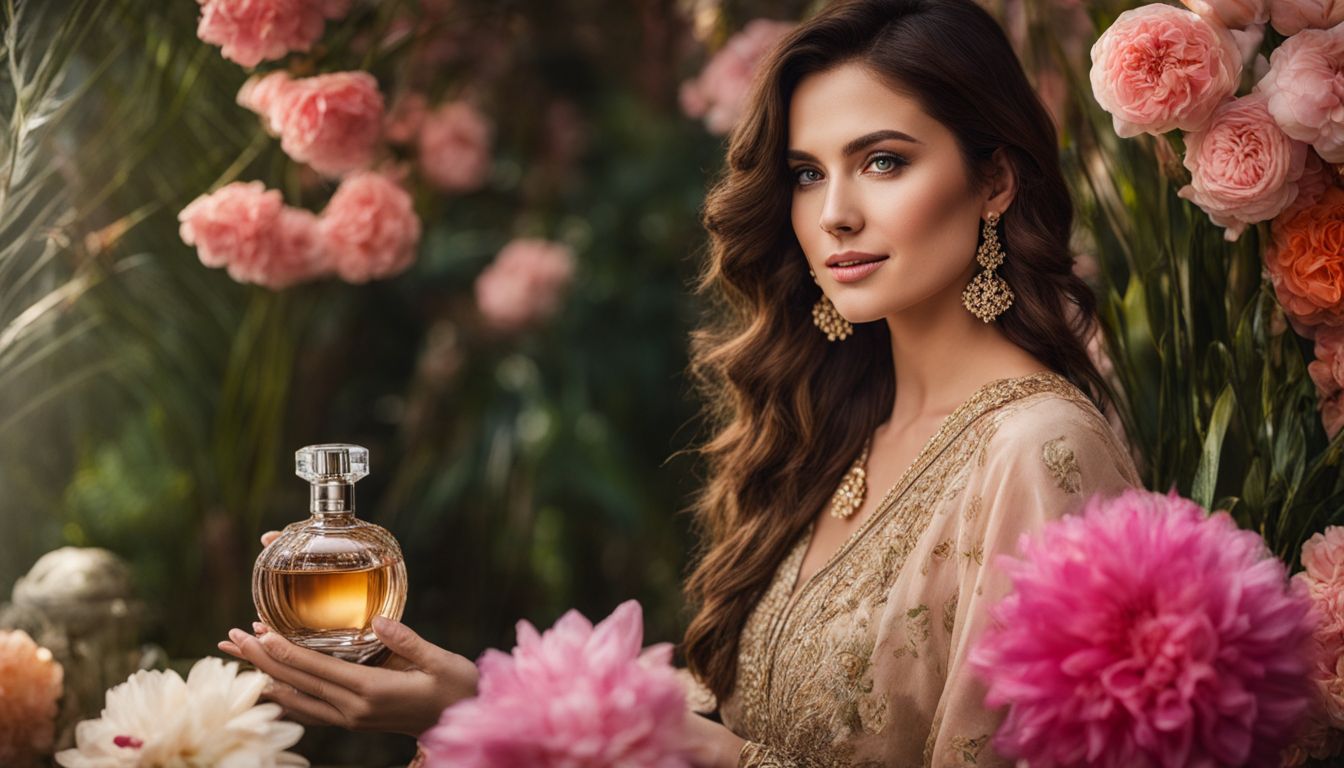 A woman holding a niche fragrance bottle stands surrounded by colorful exotic flowers in a bustling atmosphere.
