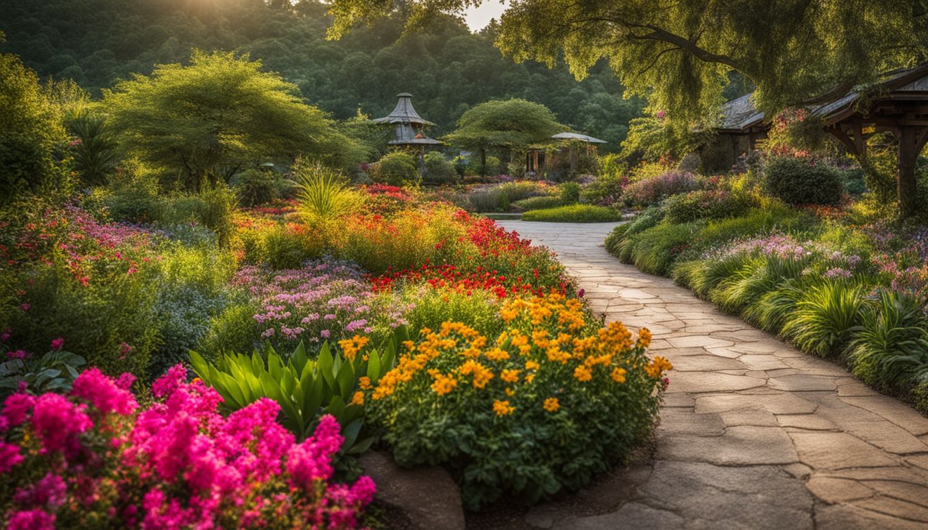 A vibrant botanical garden filled with diverse people and colorful flowers.