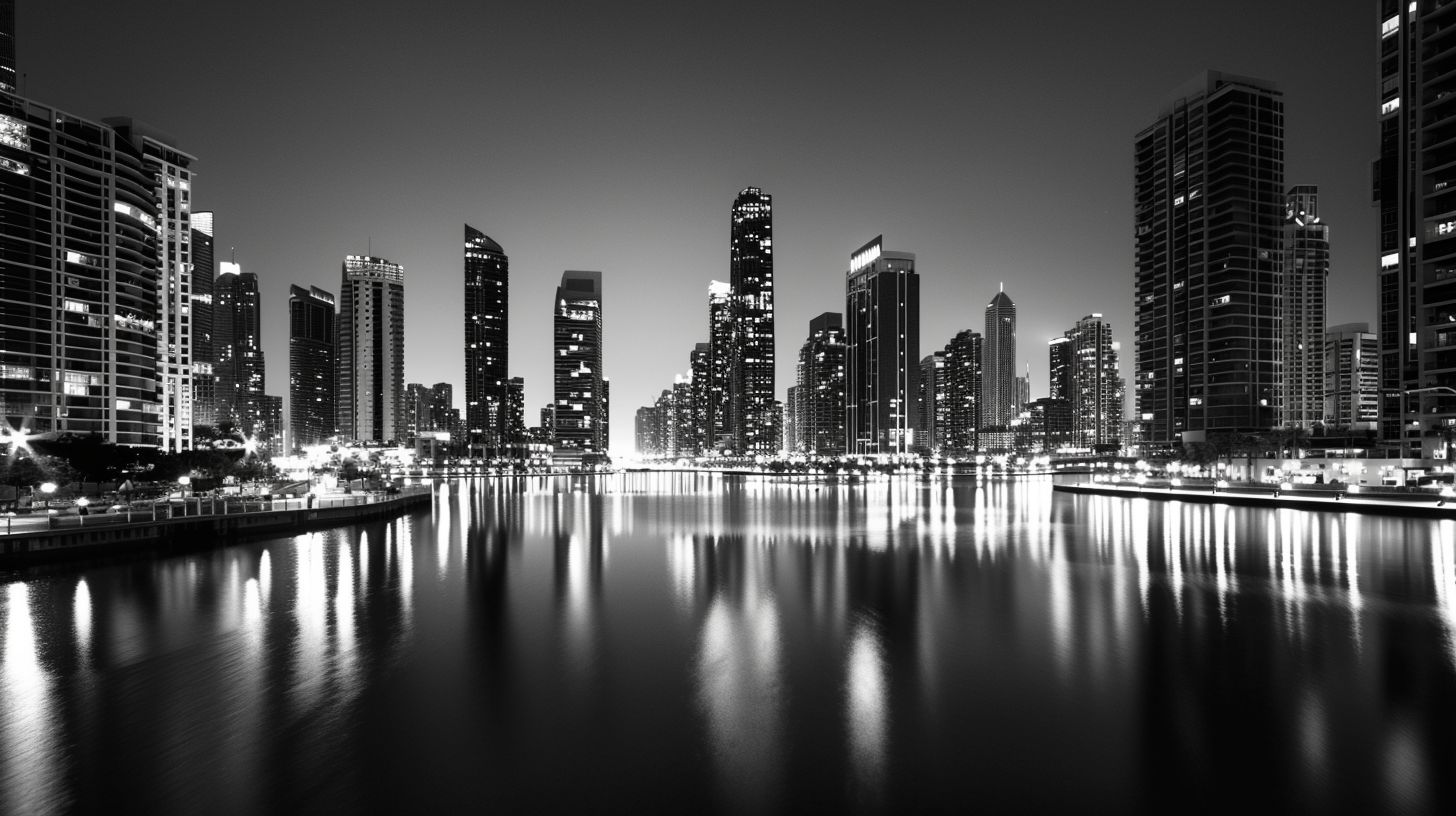 A black and white urban cityscape skyline captured at night with a full-frame mirrorless camera.