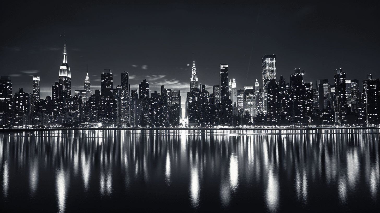 A black and white urban cityscape skyline captured at night with a full-frame mirrorless camera.