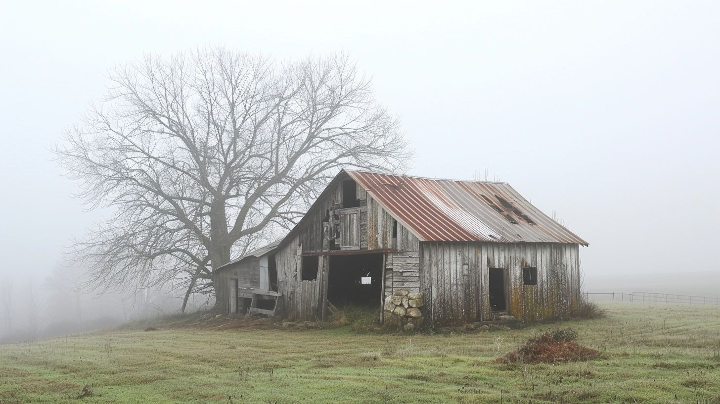An old abandoned barn in a foggy countryside captured with a wide-angle lens.