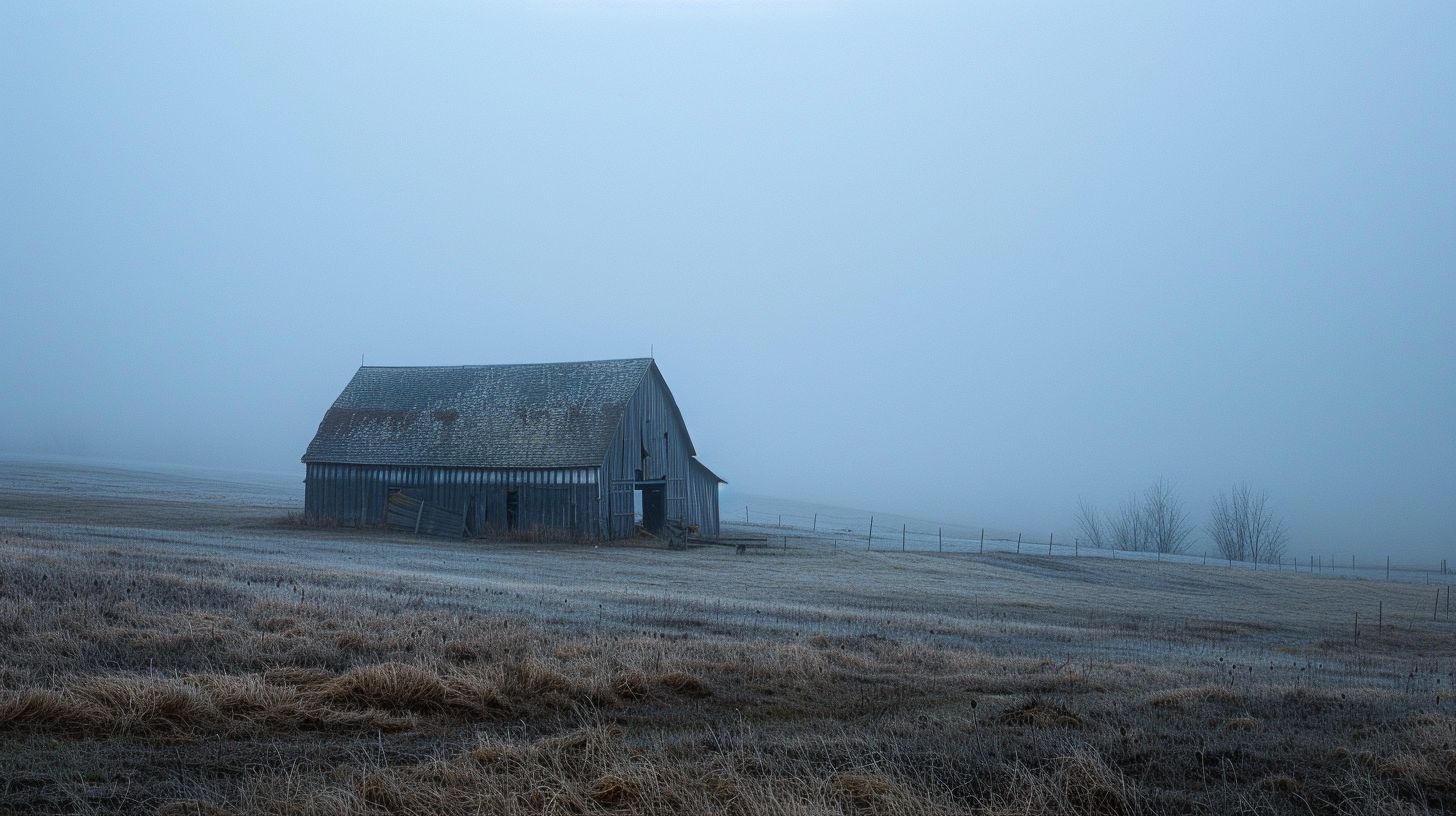An old abandoned barn in a foggy countryside captured with a wide-angle lens.