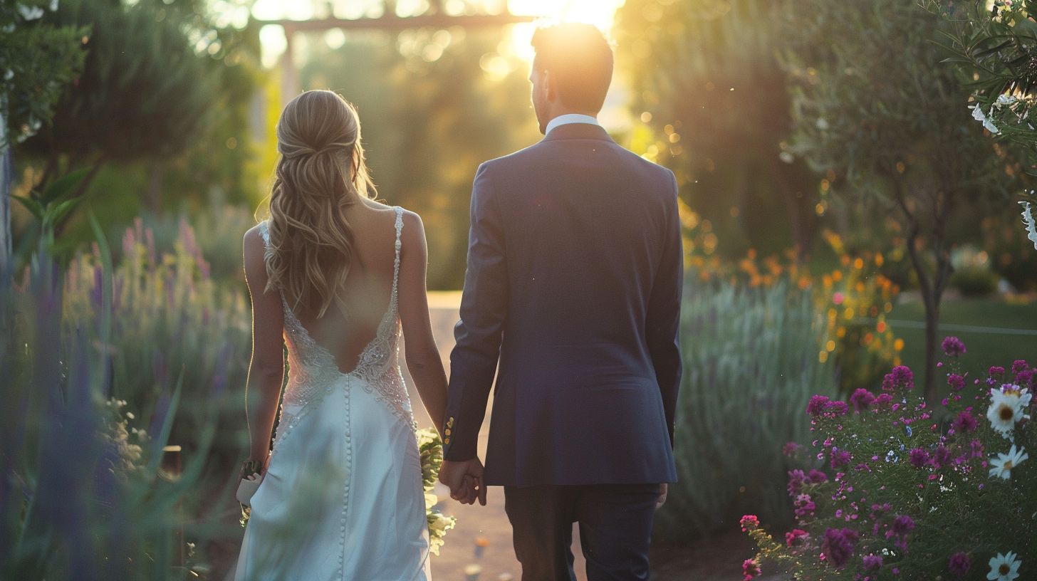 A bride and groom walk through an outdoor wedding venue, capturing photography with a DSLR camera.