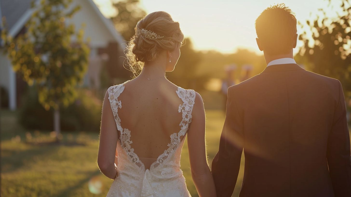 A bride and groom walk through an outdoor wedding venue, capturing photography with a DSLR camera.