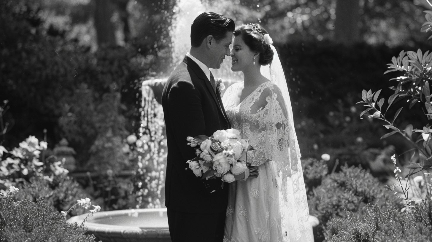 A bride and groom in vintage wedding attire stand in an elegant garden.