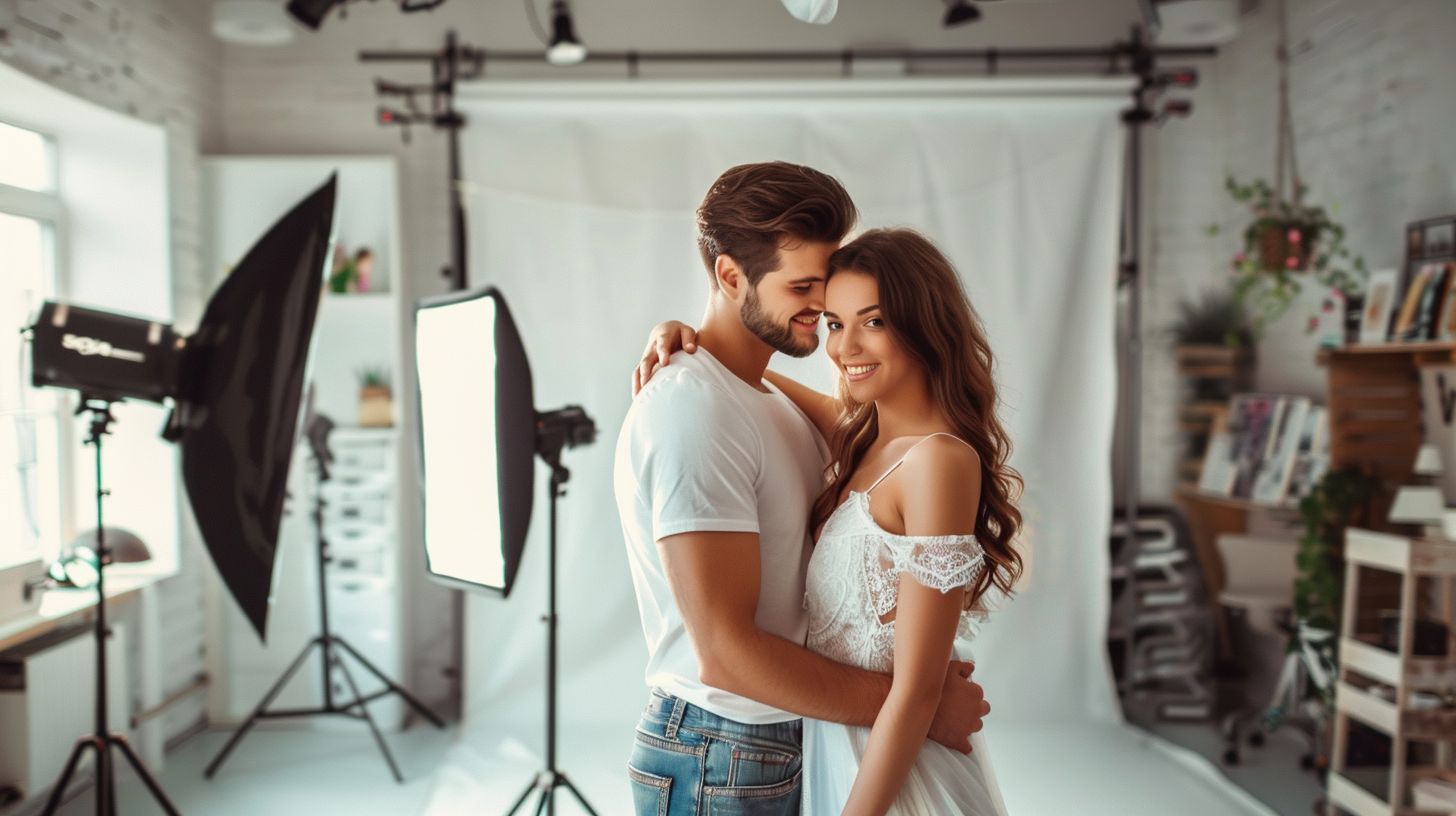 A couple is reviewing wedding photography packages at a modern studio.