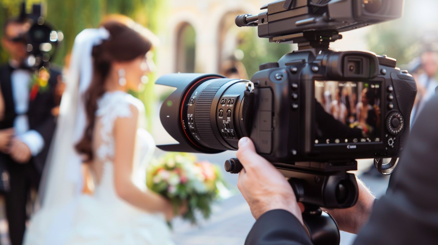A wedding videographer with backup gear and a digital camera for professional editing.