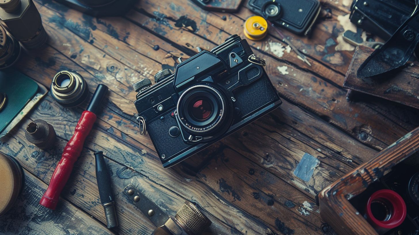 A vintage film camera sits on a wooden table surrounded by artist tools in a still life scene.