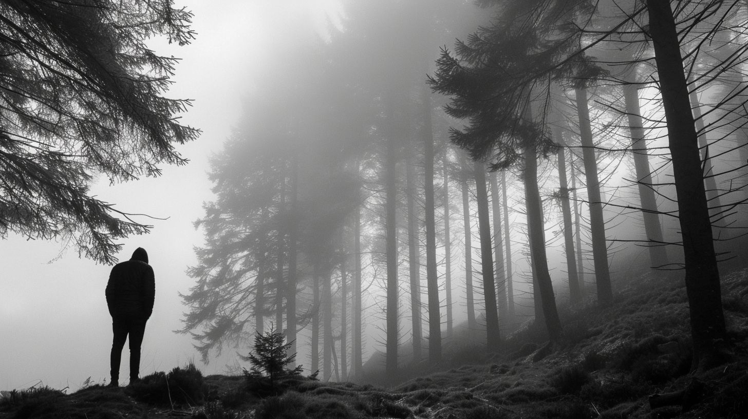 A person standing alone in a misty forest.