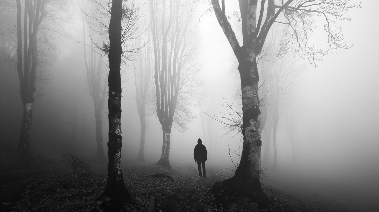 A person standing alone in a misty forest.