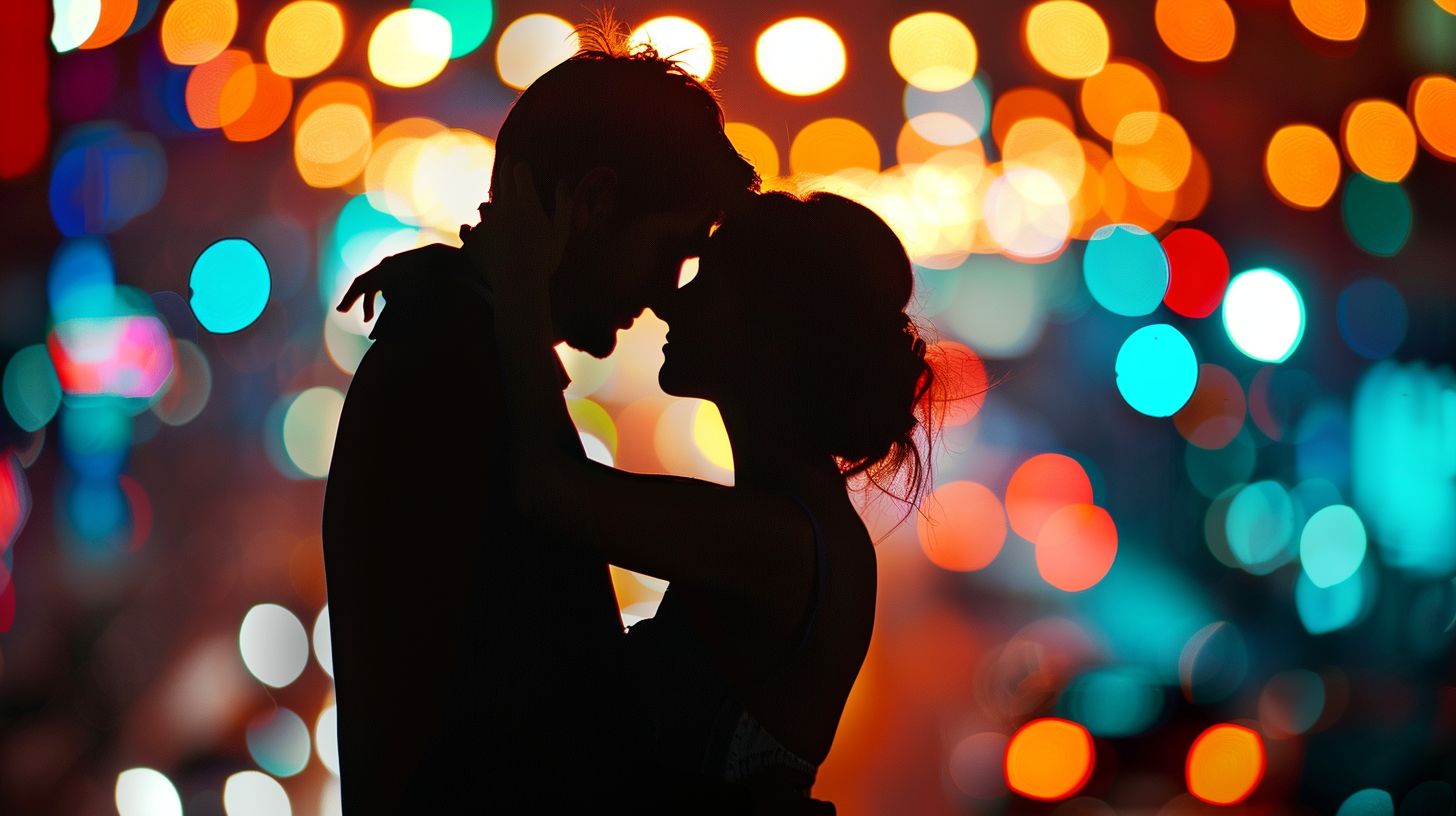 A couple embraces under city lights while using a DSLR with a 35mm lens.