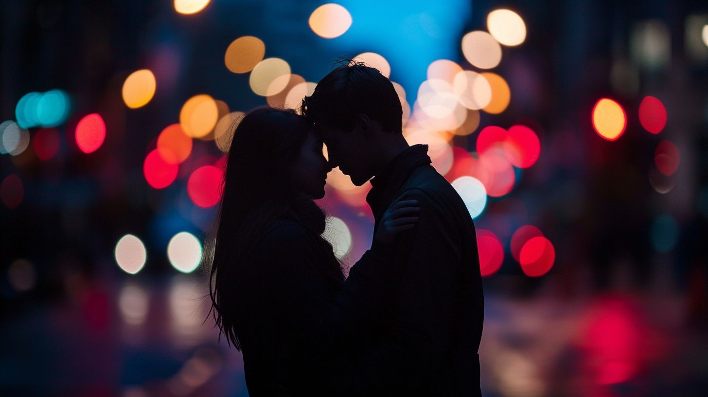 A couple embraces under city lights while using a DSLR with a 35mm lens.