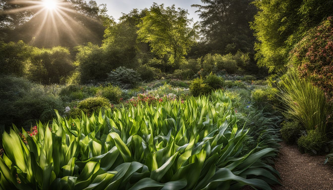 A lush garden with inter-planted leeks and companion plants.