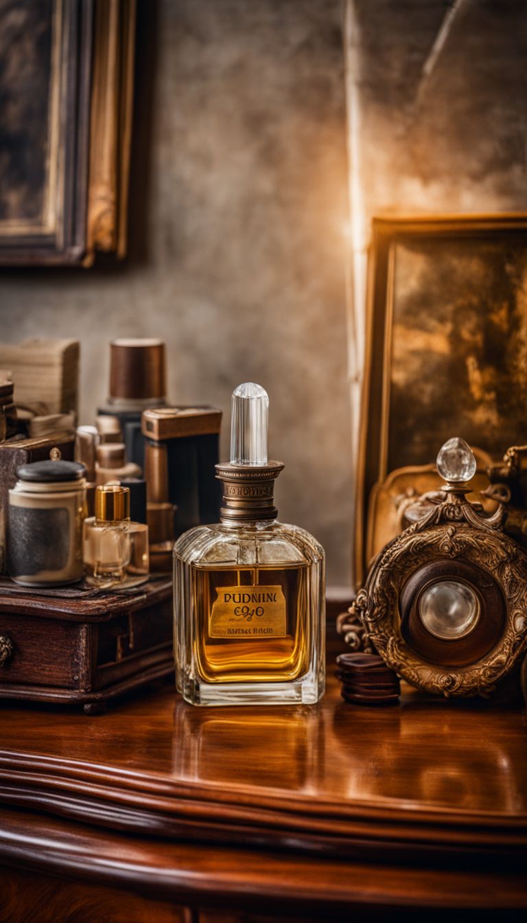 A vintage perfume bottle sits on an antique vanity surrounded by old photographs in a still life setting.