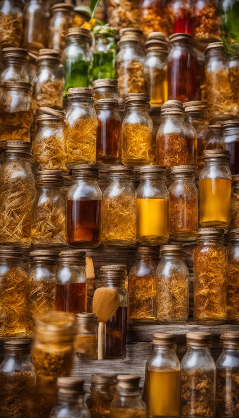 A photo of elegant glass vials of tobacco and honey with natural elements and various people.