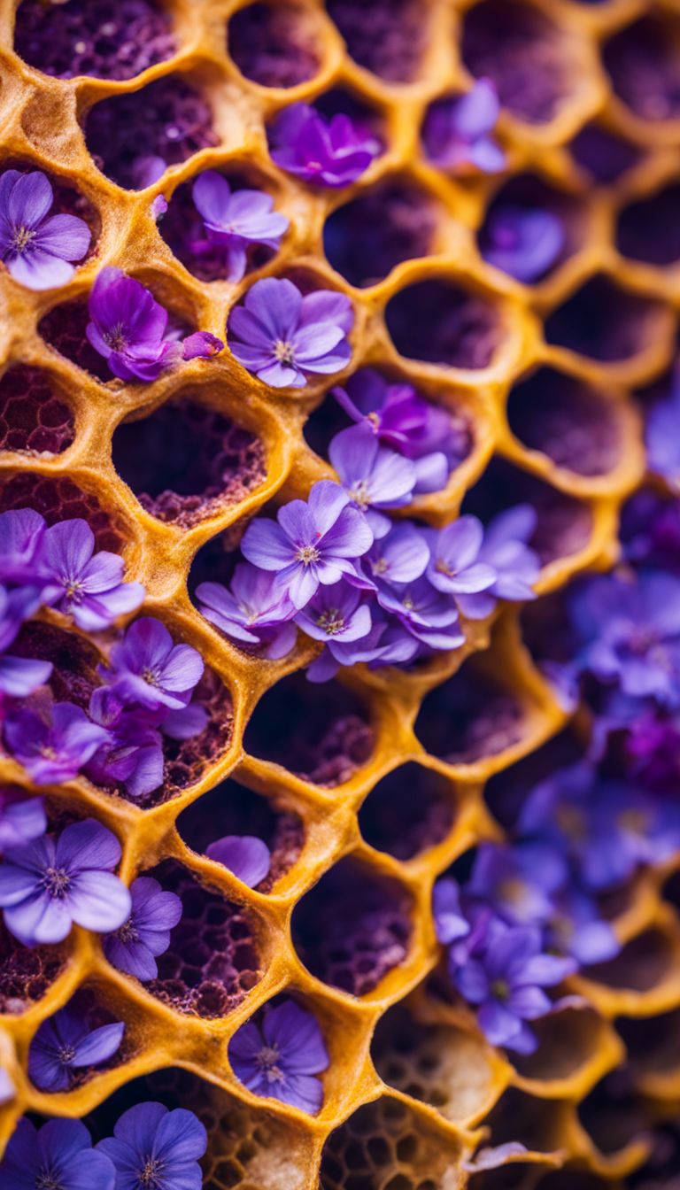 A close-up photo of a honeycomb surrounded by blooming flowers in a bustling natural environment.