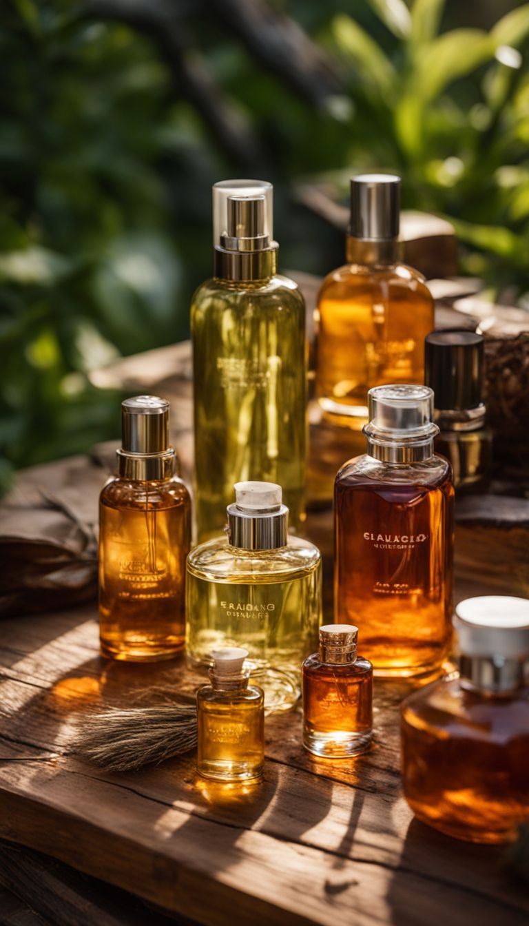 A collection of new amber and vanilla perfumes displayed on a rustic wooden table in a peaceful garden.