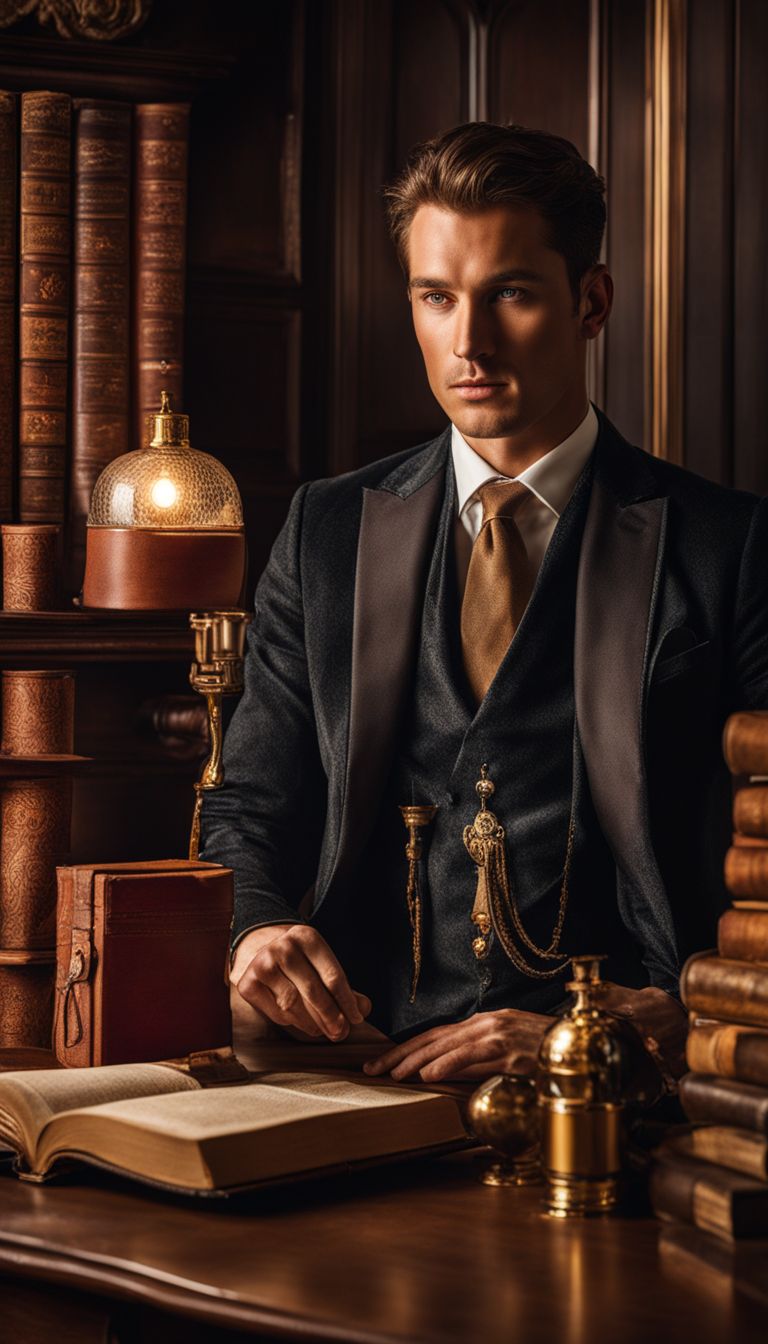 A classy man in a richly furnished study with old books and luxurious fragrance.