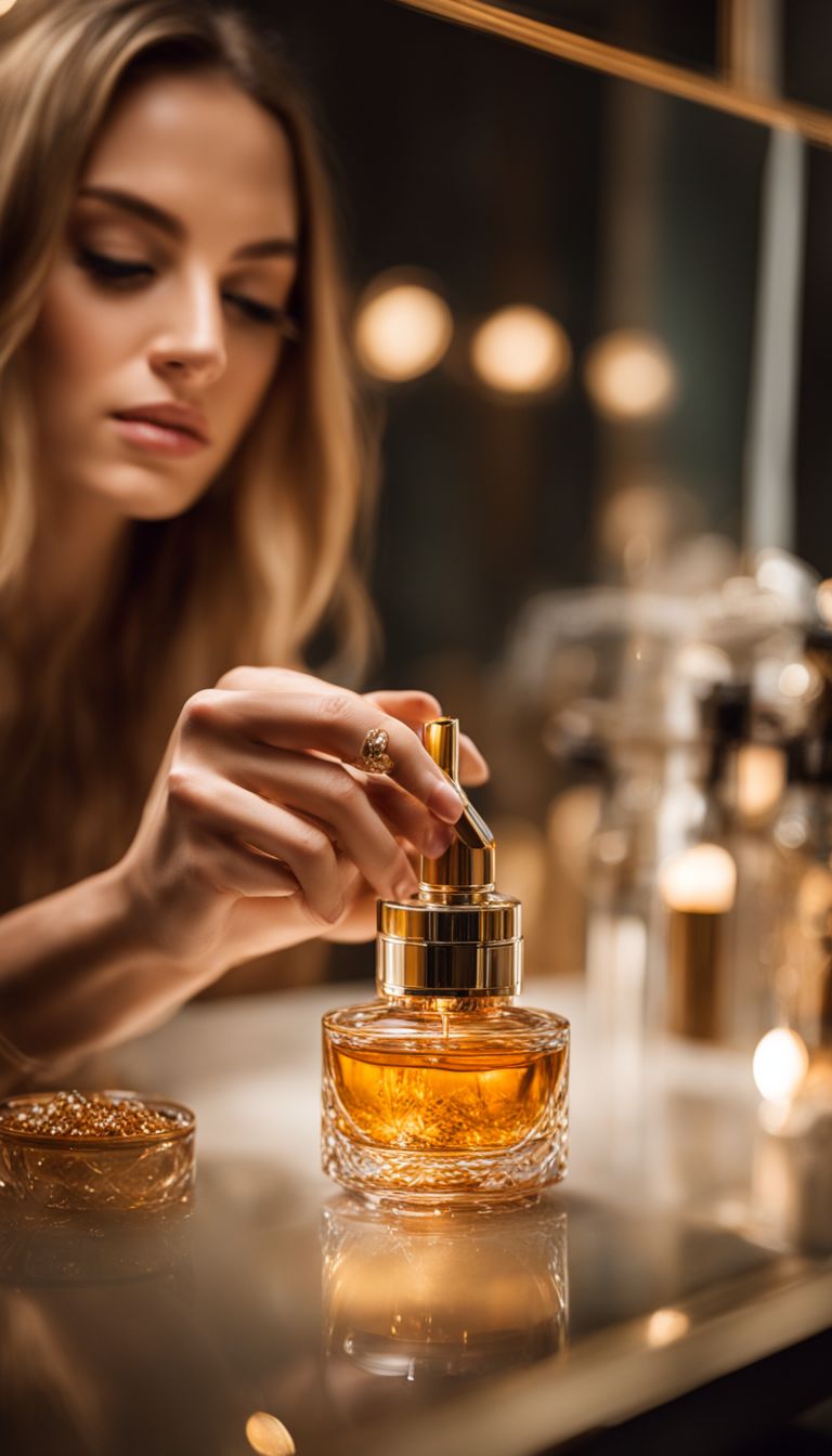 A woman applying amber and vanilla perfume in a beautifully lit vanity room.