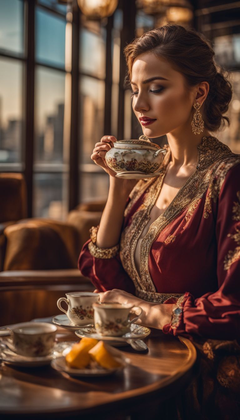 A woman gracefully enjoys tea in a chic tea room with a vibrant city backdrop and diverse people.