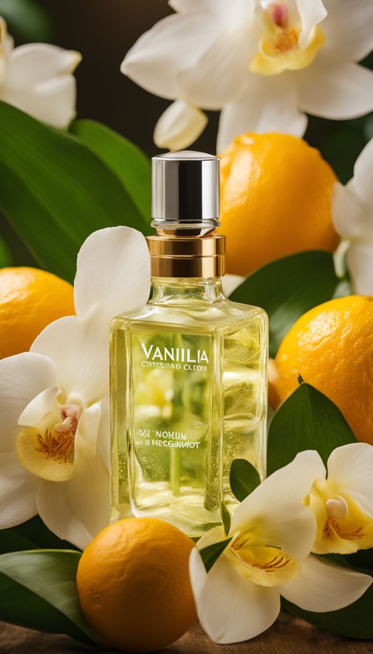 A bottle of vanilla bergamot perfume surrounded by blooming vanilla orchids and citrus trees in a bustling atmosphere.