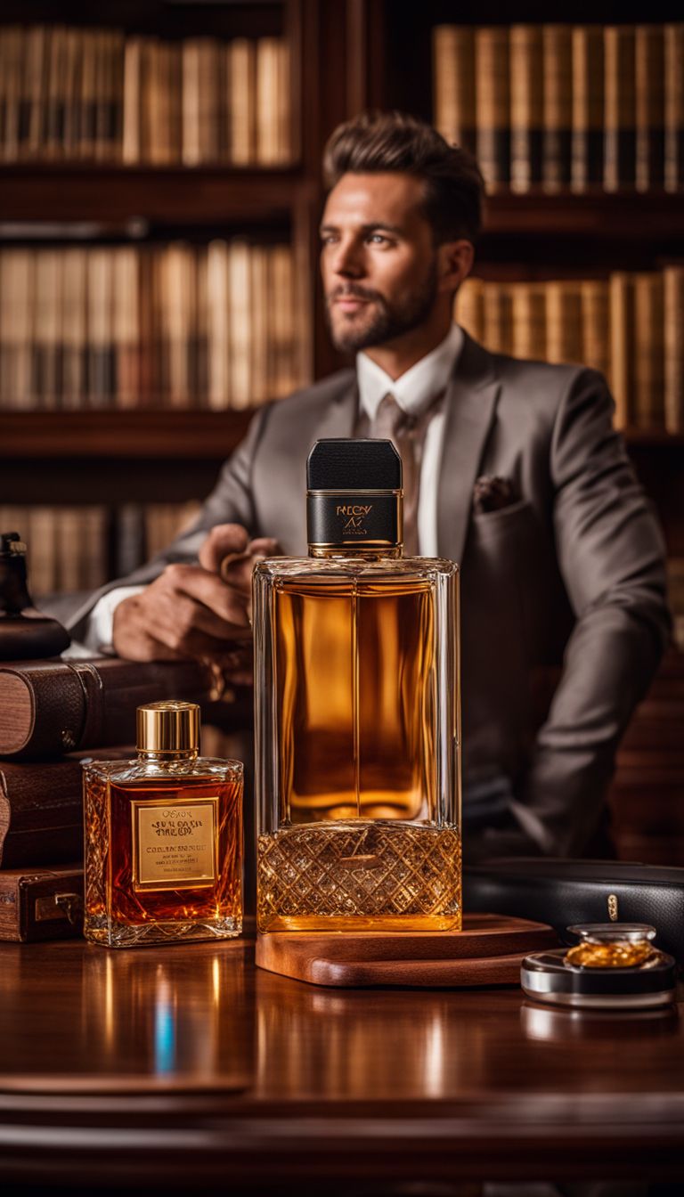 A stylish man holds a bottle of Amber Wood perfume in a luxurious study.