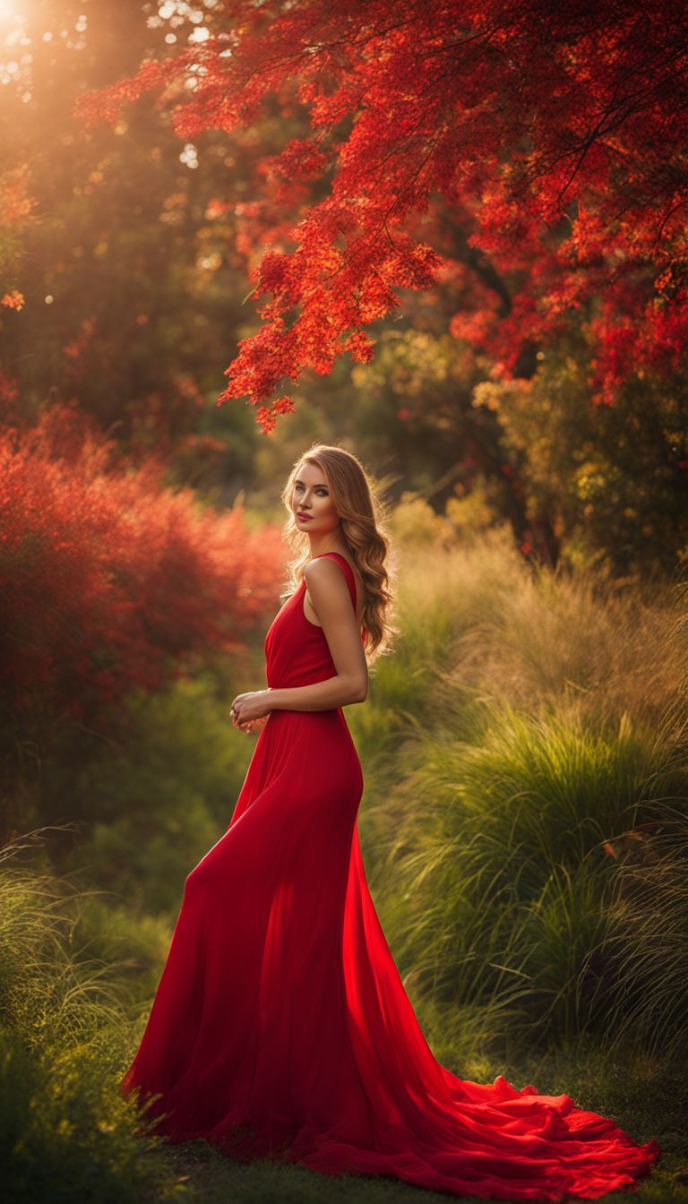 An elegant woman in a flowing red dress surrounded by warm, golden light, captured in vivid, photorealistic detail.
