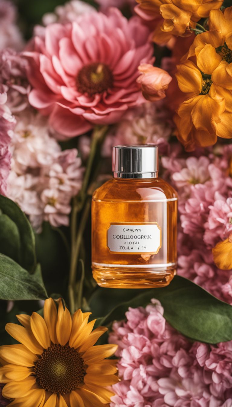 A bottle of honey-colored perfume surrounded by blooming flowers, with people of diverse appearances and styles, in a vibrant, bustling atmosphere.