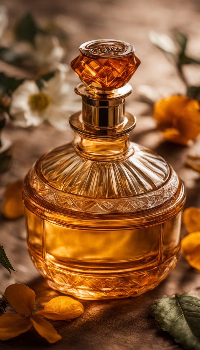 A vintage perfume bottle surrounded by amber and musk in a bustling atmosphere.