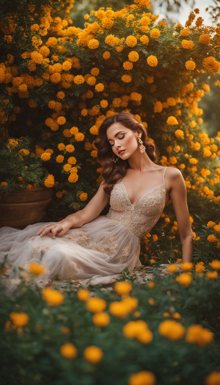 A woman enjoying a luxurious garden surrounded by saffron flowers in a vibrant and bustling atmosphere.
