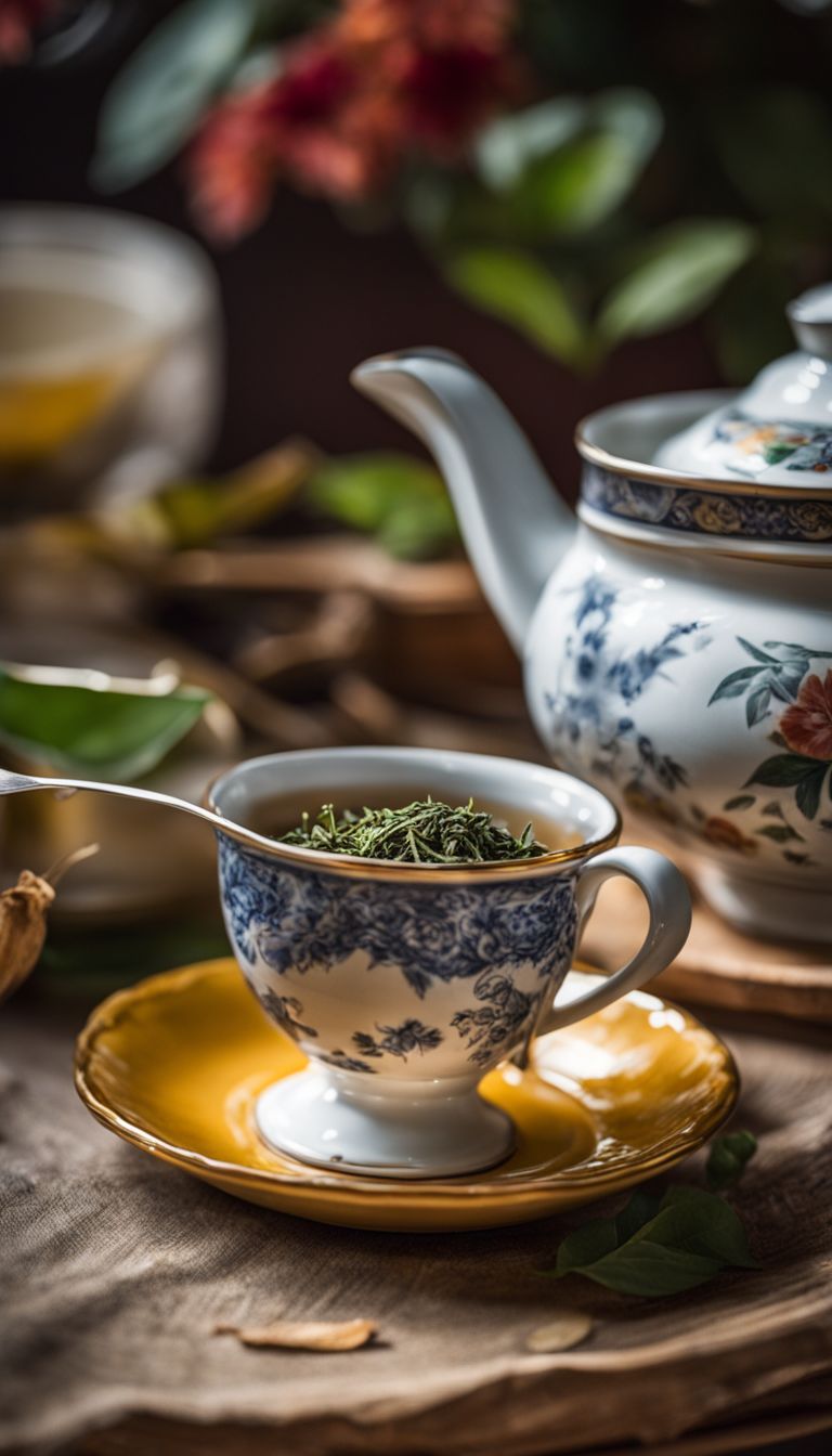 A photo of aromatic Earl Grey tea leaves surround by vintage teaware in a bustling atmosphere.