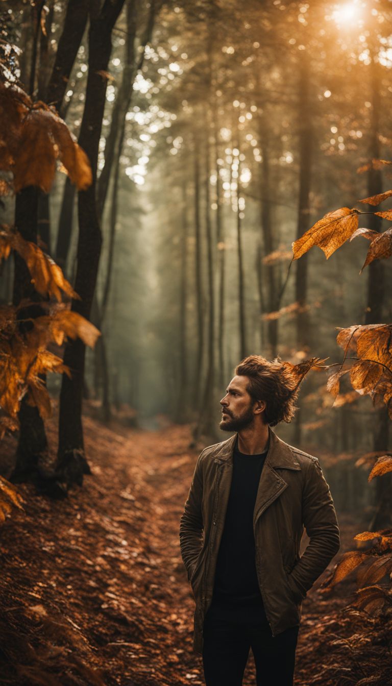 A man surrounded by smoky oud tobacco leaves in a mysterious forest.