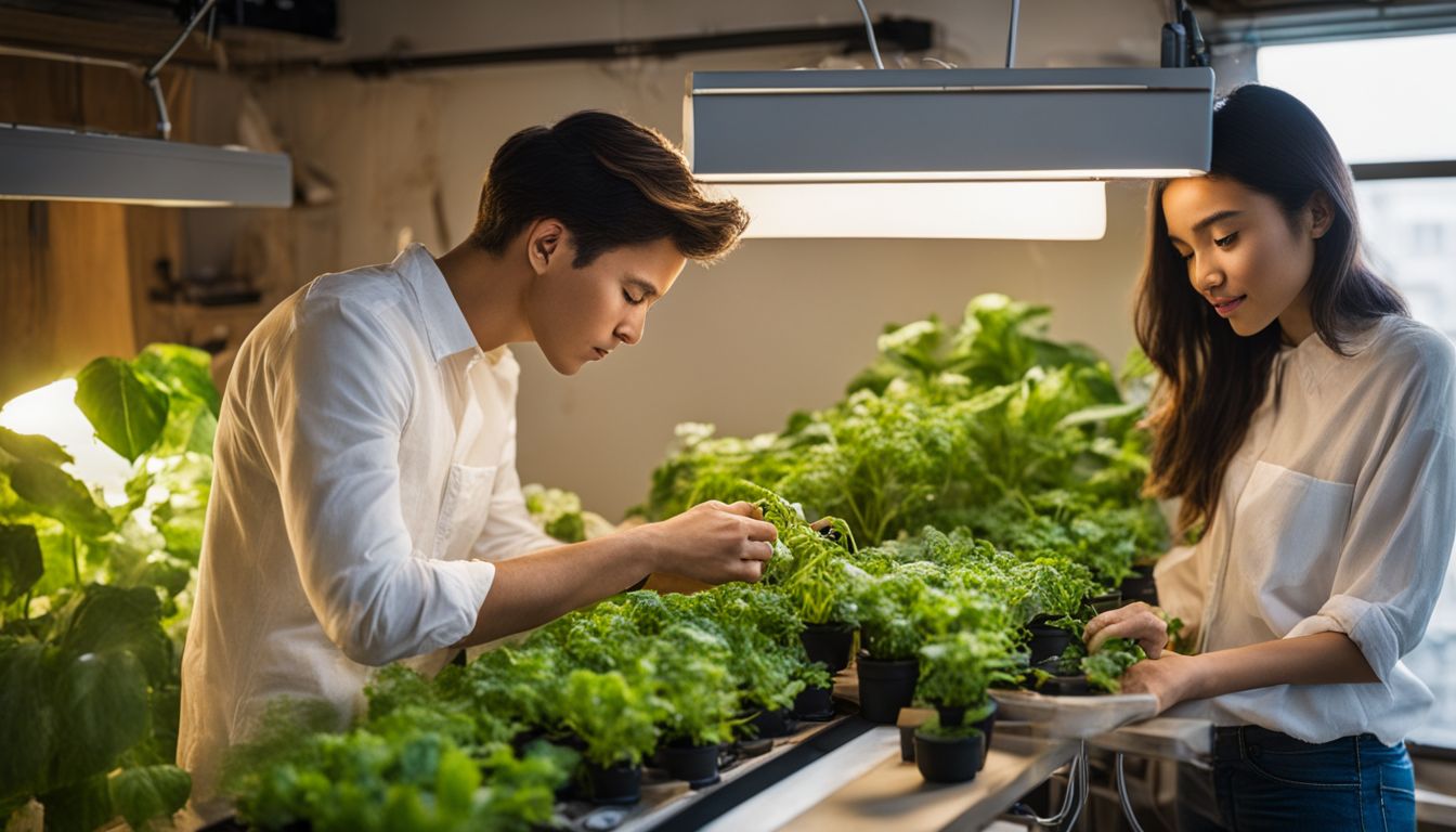 A person tending to a DIY hydroponic garden in a well-lit indoor space.