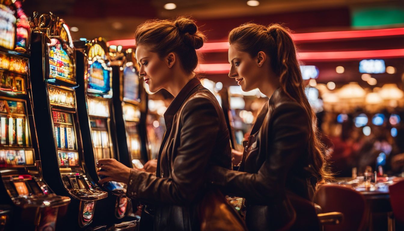 A person playing a slot machine in a busy casino.
