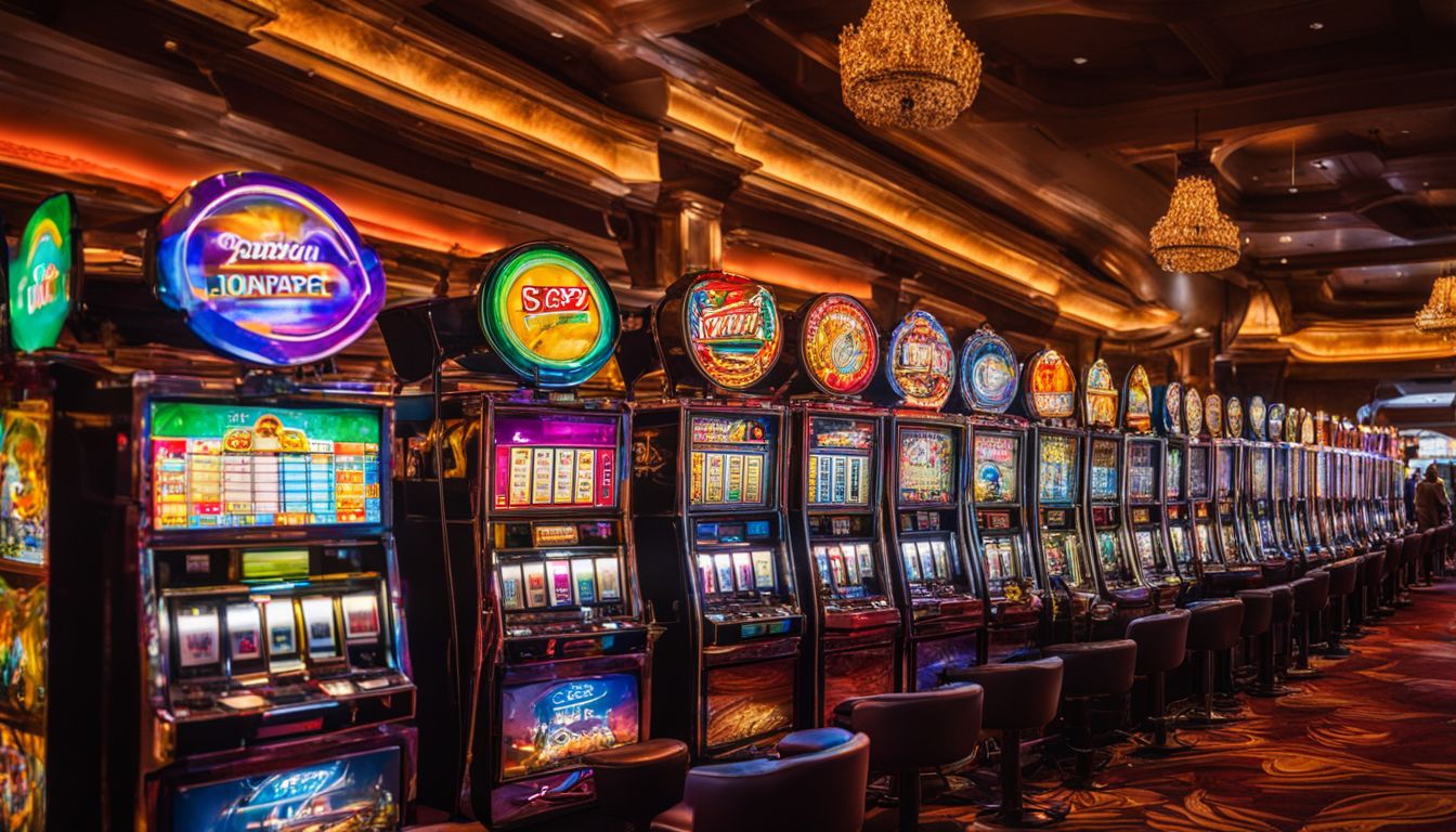 A row of colorful slot machines in a bustling casino.