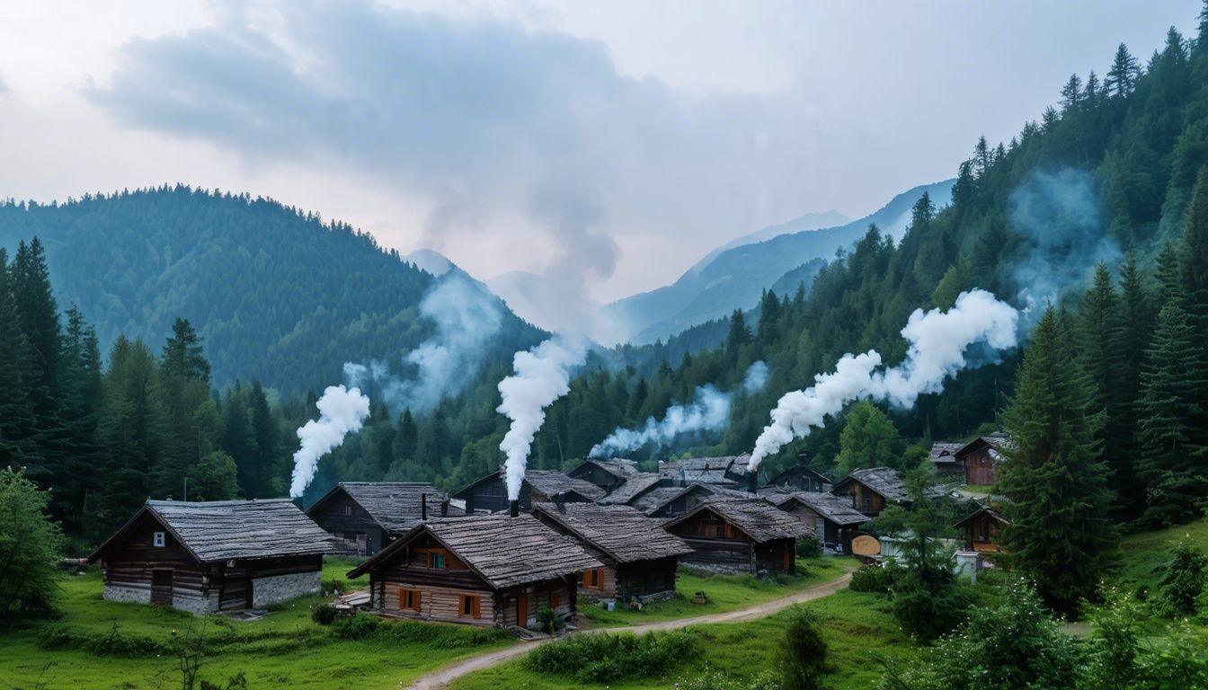 A rural mountain village with smoke rising from small wooden houses. That means air pollution that ca be avoided with biogas off-grid.