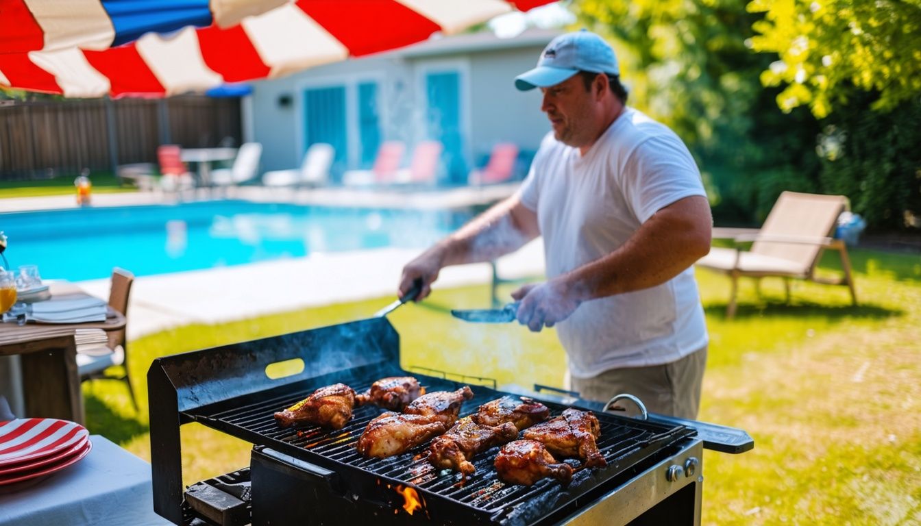 man grilling chicken in front of a swimming pool