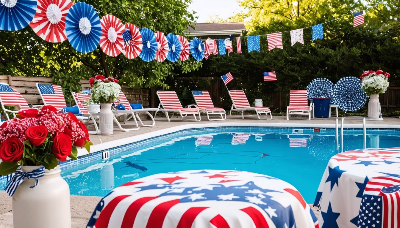 fully decorated pool and patio for a fourth of july party