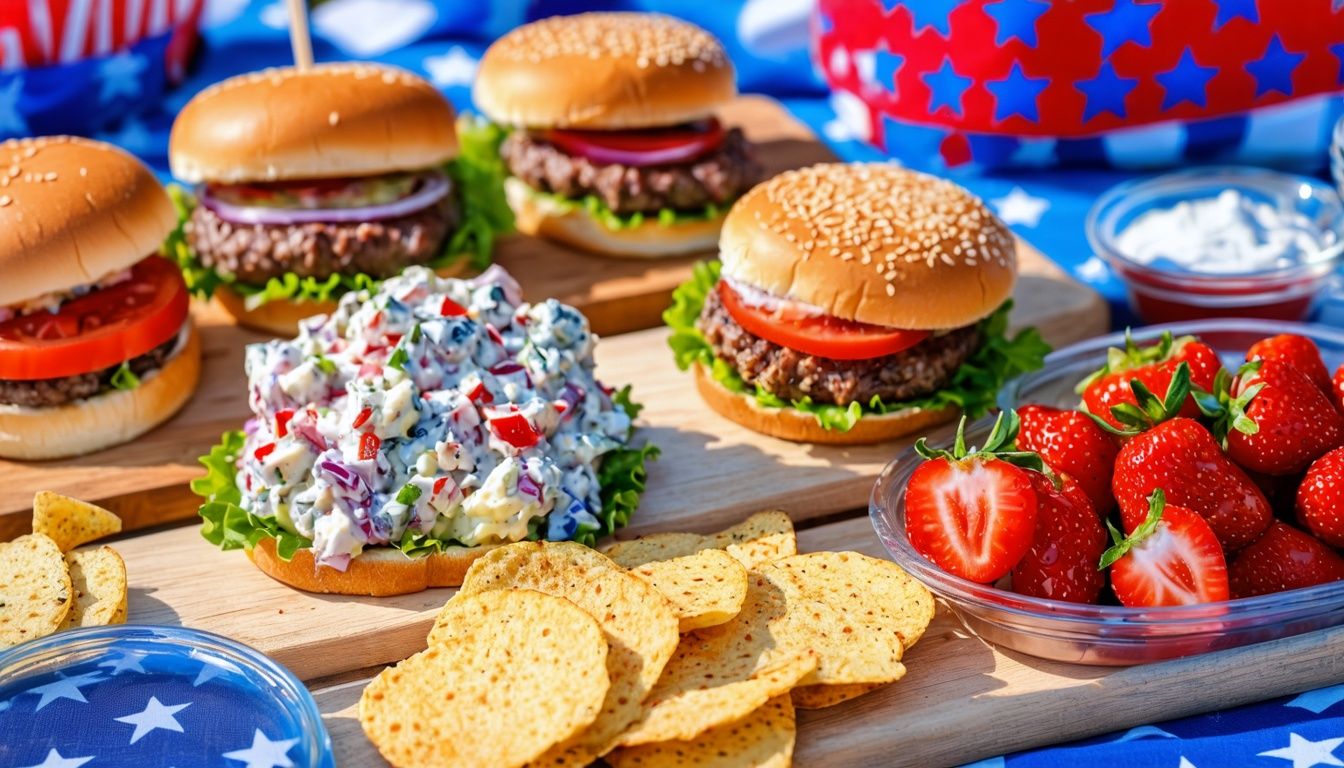 fourth of july themed table with burgers and strawberries on it