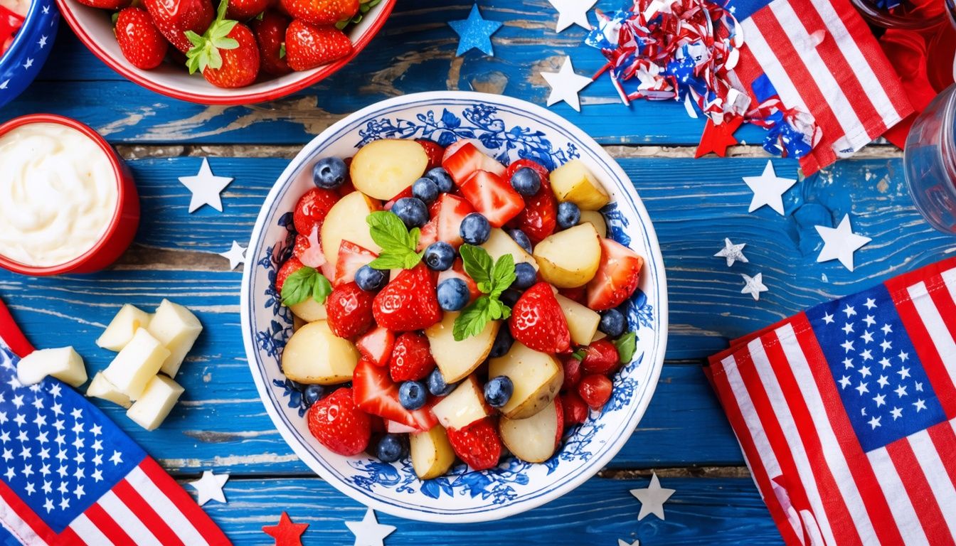 red, white, and blue potato salad