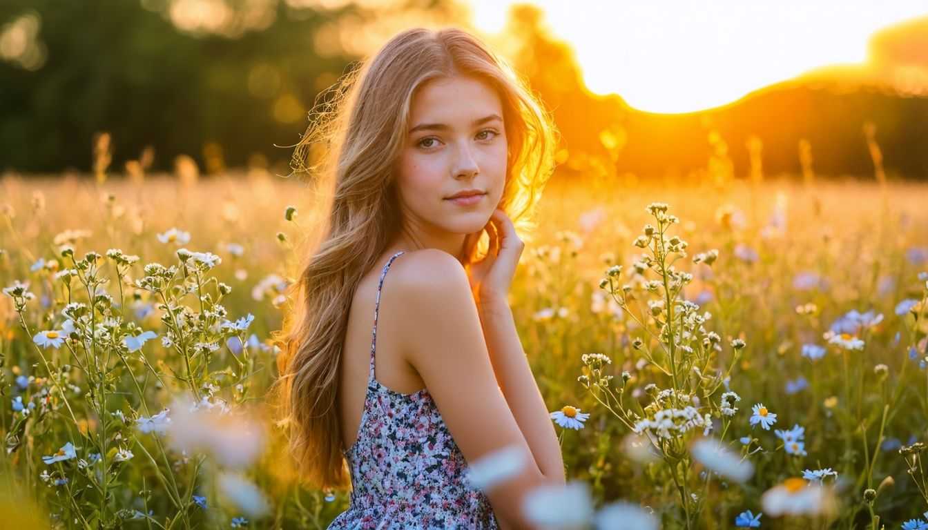 A teen girl poses in a field of wildflowers for a dreamy senior picture look.